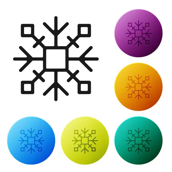 Schwarzes Schneeflockensymbol isoliert auf weißem Hintergrund. setzen Symbole bunte Kreis-Tasten. Vektorillustration — Stockvektor