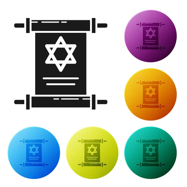 Black Torah scroll icon isolated on white background. Jewish Torah in expanded form. Star of David symbol. Old parchment scroll. Set icons colorful circle buttons. Vector Illustration — Stock Vector