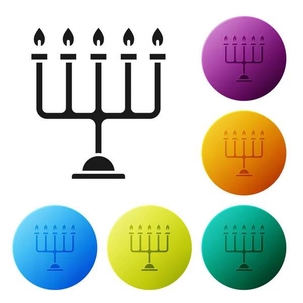 Black Hanukkah menorah icon isolated on white background. Hanukkah traditional symbol. Holiday religion, jewish festival of Lights. Set icons colorful circle buttons. Vector Illustration — Stock Vector