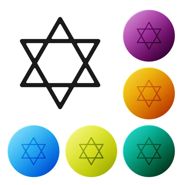 데이비드 아이콘의 검은 별은 흰색 배경에서 분리되었다. 유대 종교의 상징. 이스라엘의 상징. 아이콘의 화려 한 원 버튼을 만듭니다. 벡터 일러스트 — 스톡 벡터