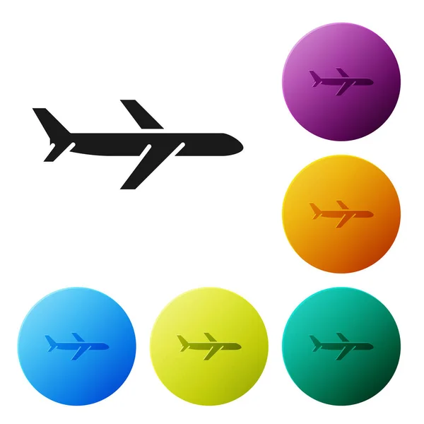Schwarzes Flugzeug-Symbol isoliert auf weißem Hintergrund. Flugzeugikone. Verkehrszeichen. setzen Symbole bunte Kreis-Tasten. Vektorillustration — Stockvektor