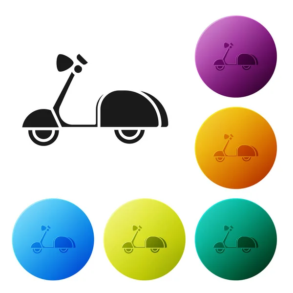 Svart Scooter ikon isolerad på vit bakgrund. Ställ ikoner färgglada cirkel knappar. Vektor Illustration — Stock vektor
