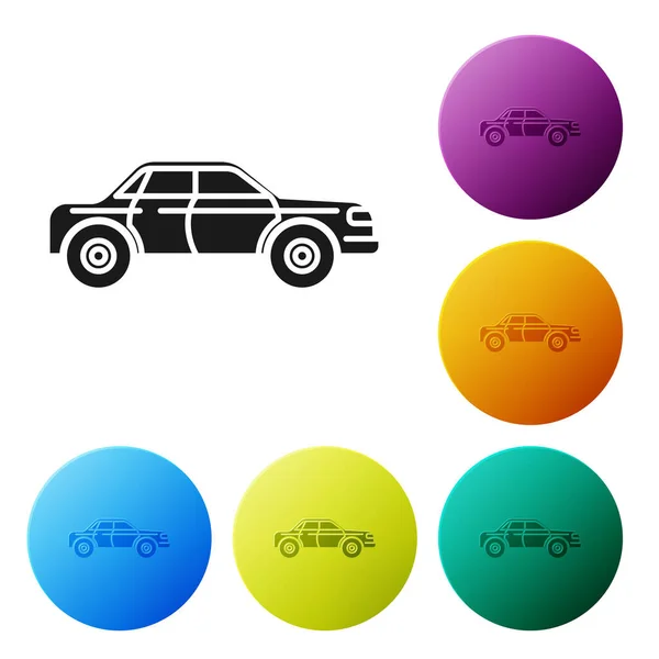 Icono de coche sedán negro aislado sobre fondo blanco. Establecer iconos botones círculo de colores. Ilustración vectorial — Archivo Imágenes Vectoriales