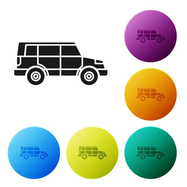 Negro Off icono del coche de carretera aislado sobre fondo blanco. Señal del jeep. Establecer iconos botones círculo de colores. Ilustración vectorial — Vector de stock