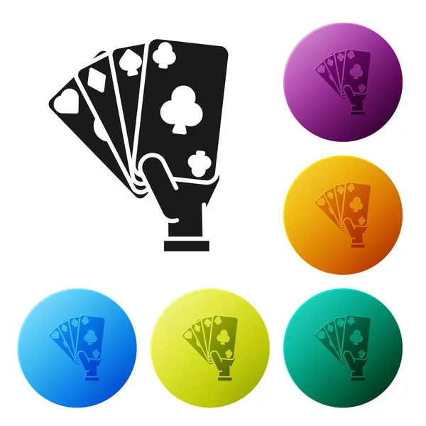 Mano Negra sosteniendo el icono de cartas aisladas sobre fondo blanco. Diseño del juego de casino. Establecer iconos botones círculo de colores. Ilustración vectorial — Vector de stock