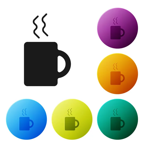 Icono de taza de café negro aislado sobre fondo blanco. Taza de té. Café caliente. Establecer iconos botones círculo de colores. Ilustración vectorial — Vector de stock