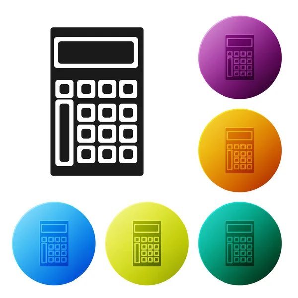 Zwarte rekenmachine pictogram geïsoleerd op witte achtergrond. Boek houdings symbool. Bedrijfs berekeningen wiskunde onderwijs en Financiën. Set pictogrammen kleurrijke cirkel knoppen. Vector illustratie — Stockvector