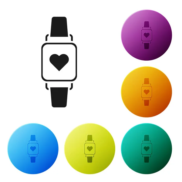 Svart Smart klocka visar pulsikonen isolerad på vit bakgrund. Fitness App koncept. Ställ ikoner färgglada cirkel knappar. Vektor Illustration — Stock vektor