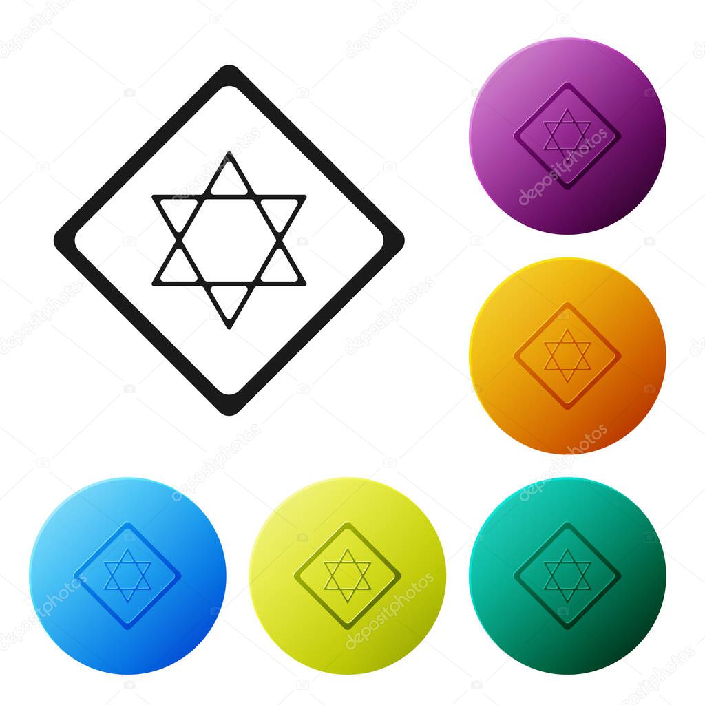 Black Star of David icon isolated on white background. Jewish religion symbol. Symbol of Israel. Set icons colorful circle buttons. Vector Illustration