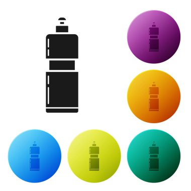 Sıvı çamaşır deterjanı, çamaşır suyu, bulaşık deterjanı ya da beyaz arka planda izole edilmiş başka bir temizlik maddesi ikonu için siyah plastik şişe. Renkli daire düğmelerini ayarlayın. Vektör İllüstrasyonu