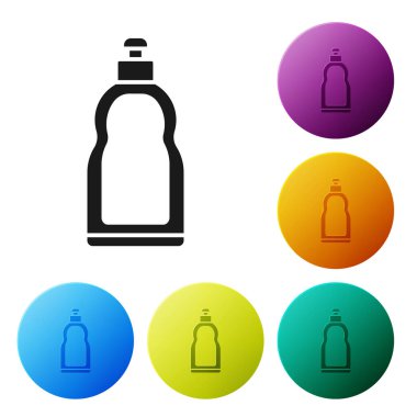 Sıvı çamaşır deterjanı, çamaşır suyu, bulaşık deterjanı ya da beyaz arka planda izole edilmiş başka bir temizlik maddesi ikonu için siyah plastik şişe. Renkli daire düğmelerini ayarlayın. Vektör İllüstrasyonu