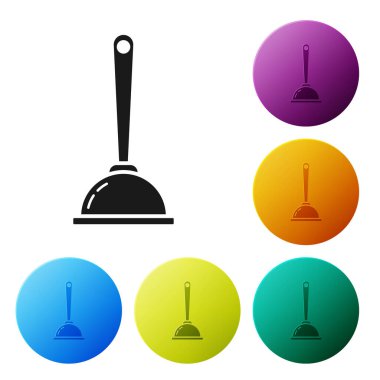 Boru temizleme ikonu için tahta saplı siyah kauçuk pompa beyaz arka planda izole edilmiş. Tuvalet pompası. Renkli daire düğmelerini ayarlayın. Vektör İllüstrasyonu