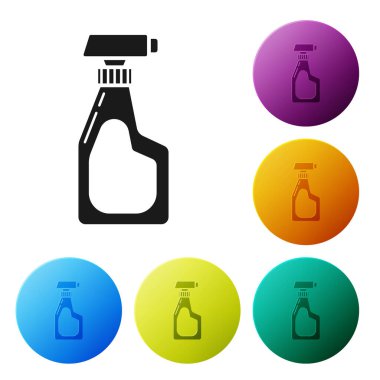 Beyaz arka planda izole edilmiş deterjan likörü olan siyah bir sprey şişesi. Renkli daire düğmelerini ayarlayın. Vektör İllüstrasyonu