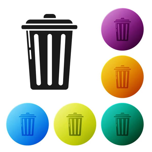 Black Trash can icon isolated on white background. Garbage bin sign. Recycle basket icon. Office trash icon. Set icons colorful circle buttons. Vector Illustration — Stock Vector