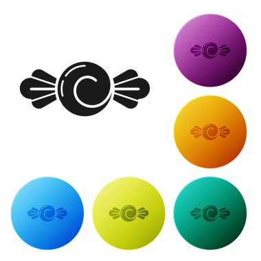 Siyah Şeker simgesi beyaz arkaplanda izole edilmiş. Mutlu Cadılar Bayramı Partisi. Renkli daire düğmelerini ayarlayın. Vektör İllüstrasyonu