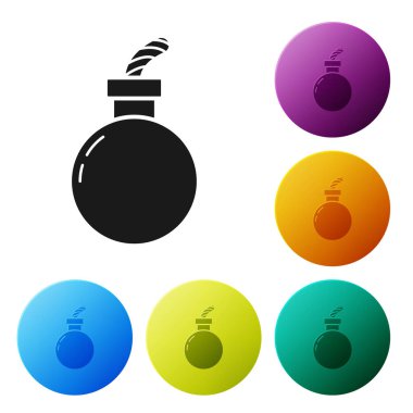 Siyah Bomba, beyaz arka planda izole edilmiş ikonu patlatmaya hazır. Mutlu Cadılar Bayramı Partisi. Renkli daire düğmelerini ayarlayın. Vektör İllüstrasyonu