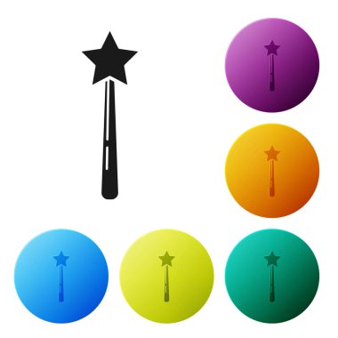 Siyah Magic değnek simgesi beyaz arka plan üzerinde izole. Yıldız şekli sihirli aksesuar. Sihirli güç. Simgeleri renkli daire düğmeleri ayarlayın. Vektör İllüstrasyonu