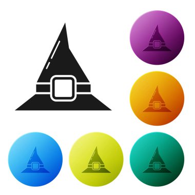 Siyah Cadı şapkası simgesi beyaz arkaplanda izole edildi. Mutlu Cadılar Bayramı Partisi. Renkli daire düğmelerini ayarlayın. Vektör İllüstrasyonu