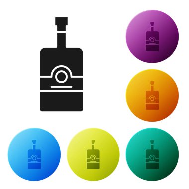 Siyah viski şişesi simgesi beyaz arka planda izole edilmiş. Renkli daire düğmelerini ayarlayın. Vektör İllüstrasyonu