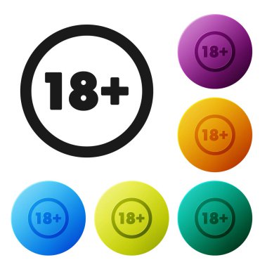 Siyah Artı 18 film ikonu beyaz arka planda izole edildi. Yetişkin içeriği. 18 yaşın altında. Renkli daire düğmelerini ayarlayın. Vektör İllüstrasyonu