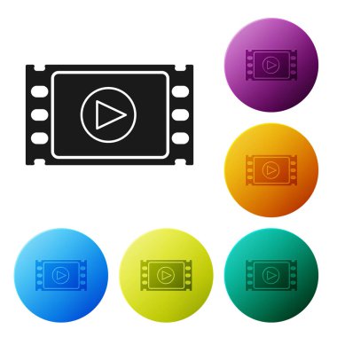 Siyah Oyun Video simgesi beyaz arkaplanda izole edildi. Oyun işaretli film şeridi. Renkli daire düğmelerini ayarlayın. Vektör İllüstrasyonu