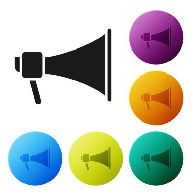Beyaz arkaplanda siyah megafon simgesi izole edildi. Sözcü işareti. Renkli daire düğmelerini ayarlayın. Vektör İllüstrasyonu