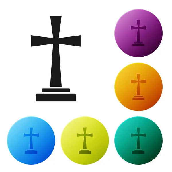 Black Tombstone with cross icon isolated on white background. Grave icon. Set icons colorful circle buttons. Vector Illustration — Stock Vector