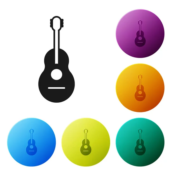 Black Guitar icon isolated on white background. Acoustic guitar. String musical instrument. Set icons colorful circle buttons. Vector Illustration — Stock Vector