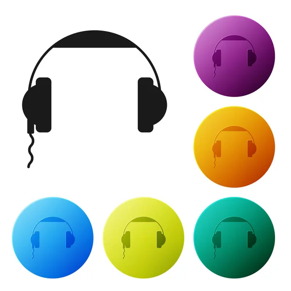 Icono de auriculares negros aislado sobre fondo blanco. Signo de auriculares. Concepto para escuchar música, servicio, comunicación y operador. Establecer iconos botones círculo de colores. Ilustración vectorial — Vector de stock