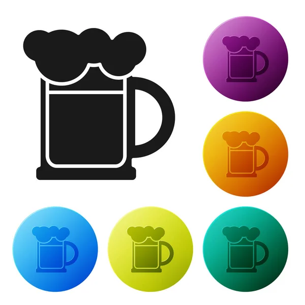 Icône tasse de bière en bois noir isolé sur fond blanc. Définir des icônes boutons de cercle colorés. Illustration vectorielle — Image vectorielle