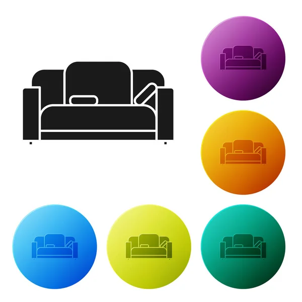 Ícone de sofá preto isolado no fundo branco. Definir ícones coloridos botões círculo. Ilustração vetorial — Vetor de Stock