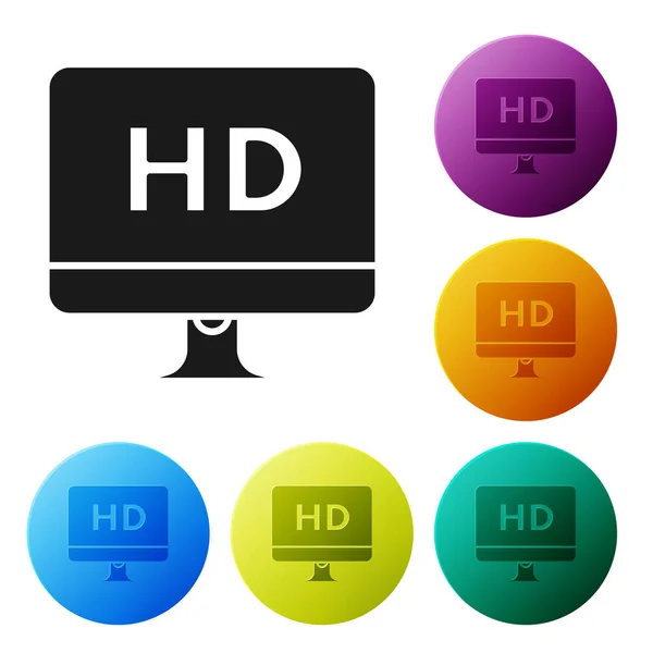 Schwarzer Computer-PC-Monitor mit HD-Videotechnik-Symbol isoliert auf weißem Hintergrund. setzen Symbole bunte Kreis-Tasten. Vektorillustration — Stockvektor