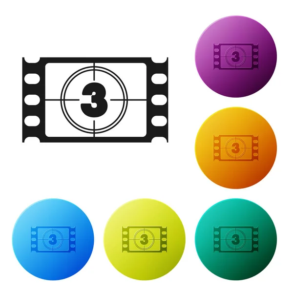 Black Play Video icon isolated on white background. Film strip with start sign. Set icons colorful circle buttons. Vector Illustration — Stock Vector