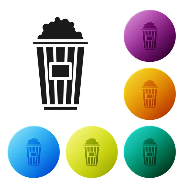 Black Popcorn in cardboard box icon isolated on white background. Popcorn bucket box. Set icons colorful circle buttons. Vector Illustration — Stock Vector