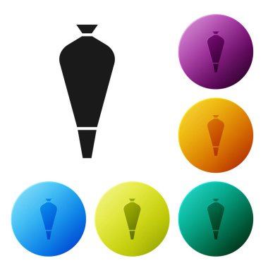 Beyaz arka planda izole edilmiş krema ikonlu kekler için siyah hamur işi torbası. Mutfak gereçleri ve aletler. Renkli daire düğmelerini ayarlayın. Vektör İllüstrasyonu