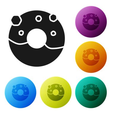 Beyaz arka planda izole tatlı sır simgesi ile siyah donut. Simgeler renkli daire düğmelerini ayarlayın. Vektör Illustration