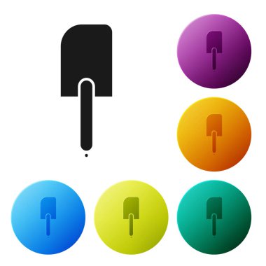 Siyah Spatula simgesi beyaz arkaplanda izole edildi. Mutfak spatula ikonu. Bbq spatula işareti. Barbekü ve ızgara aleti. Renkli daire düğmelerini ayarlayın. Vektör İllüstrasyonu