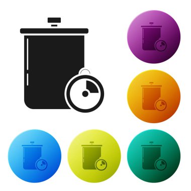 Siyah tencere ve mutfak kronometresi beyaz arka planda izole edilmiş. Haşlama ya da güveç besin sembolü. Renkli daire düğmelerini ayarlayın. Vektör İllüstrasyonu