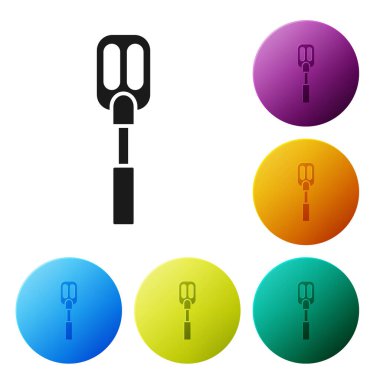 Siyah Spatula simgesi beyaz arkaplanda izole edildi. Mutfak spatula ikonu. Bbq spatula işareti. Barbekü ve ızgara aleti. Renkli daire düğmelerini ayarlayın. Vektör İllüstrasyonu
