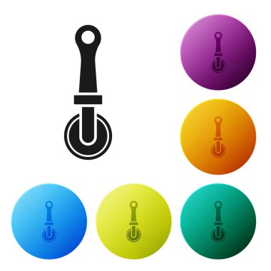 Beyaz arka planda siyah pizza bıçak ikonu var. Pizza kesme tabelası. Çelik mutfak gereçleri. Renkli daire düğmelerini ayarlayın. Vektör İllüstrasyonu