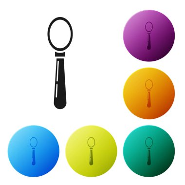 Beyaz arkaplanda siyah kaşık simgesi izole edildi. Mutfak aletleri. Çatal bıçak seti. Renkli daire düğmelerini ayarlayın. Vektör İllüstrasyonu