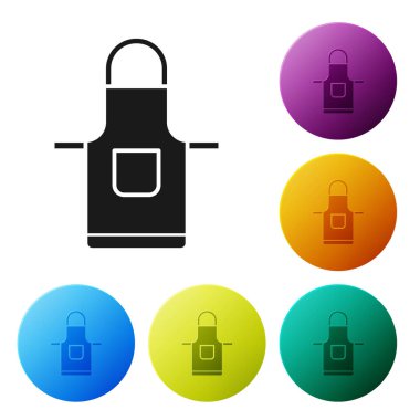 Siyah Mutfak önlüğü simgesi beyaz arkaplanda izole edildi. Yemek pişirmek için şef üniforması. Renkli daire düğmelerini ayarlayın. Vektör İllüstrasyonu