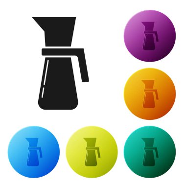 Beyaz zemin üzerinde izole edilmiş kuru ve sıvı yiyecek ikonunu ölçmek için siyah ölçü kabı. Plastik şişenin sapı var. Renkli daire düğmelerini ayarlayın. Vektör İllüstrasyonu