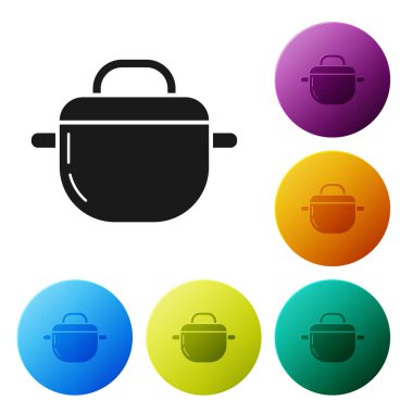 Black Cooking pot icon isolated on white background. Boil or stew food symbol. Set icons colorful circle buttons. Vector Illustration