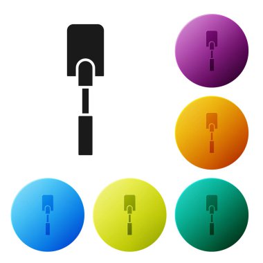 Siyah Spatula simgesi beyaz arkaplanda izole edildi. Mutfak spatula ikonu. Bbq spatula işareti. Barbekü ve ızgara aleti. Renkli daire düğmelerini ayarlayın. Vektör İllüstrasyonu