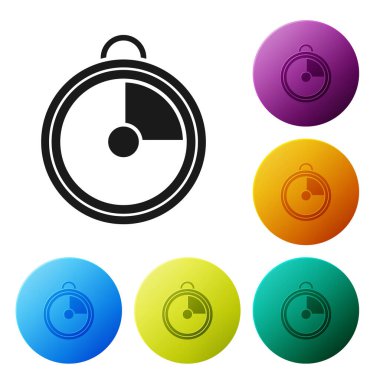 Siyah Mutfak zamanlayıcı simgesi beyaz arkaplanda izole edildi. Mutfak aletleri. Renkli daire düğmelerini ayarlayın. Vektör İllüstrasyonu
