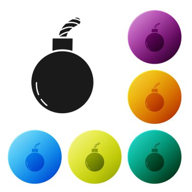 Siyah Bomba, beyaz arka planda izole edilmiş ikonu patlatmaya hazır. Renkli daire düğmelerini ayarlayın. Vektör İllüstrasyonu