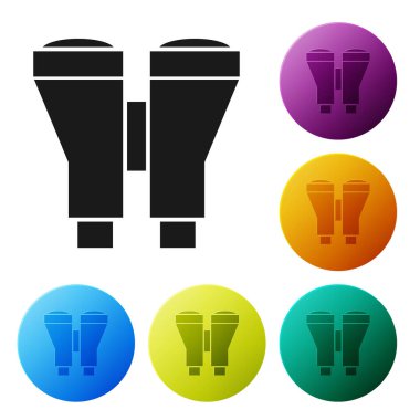 Siyah dürbün simgesi beyaz arka planda izole edilmiştir. Yazılım işareti bulun. Casus ekipman sembolü. Simgeler renkli daire düğmelerini ayarlayın. Vektör Illustration