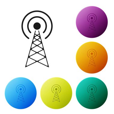 Siyah Radar simgesi beyaz arkaplanda izole edildi. Askeri arama sistemi. Renkli daire düğmelerini ayarlayın. Vektör İllüstrasyonu