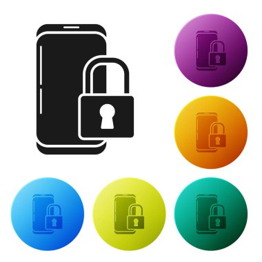 Beyaz arkaplanda kapalı asma kilit simgesine sahip siyah akıllı telefon. Kilitli telefon. Gezici güvenlik, güvenlik, koruma konsepti. Renkli daire düğmelerini ayarlayın. Vektör İllüstrasyonu